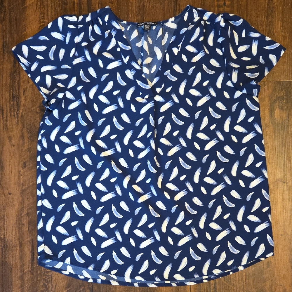 Hilary Radley Navy and White Leaf Print Blouse